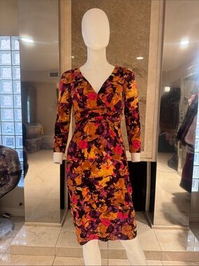 David Meister Stretch Jersey Ruched Floral Sheath Dress Purple Orange